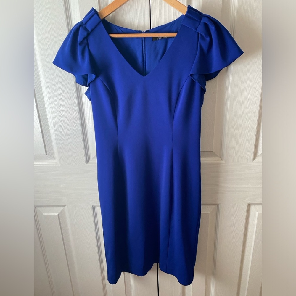 BADGLEY MISCHKA Cobalt Blue Crepe Ruffle Pleated Sleeve Sheath Dress SZ 6